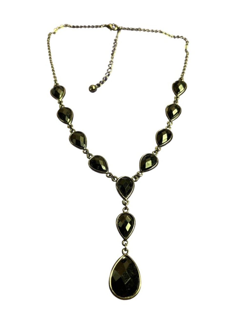 Vintage Y2K Black Faceted Teardrop Rhinestone Y Necklace Gunmetal Chain 16-19 in